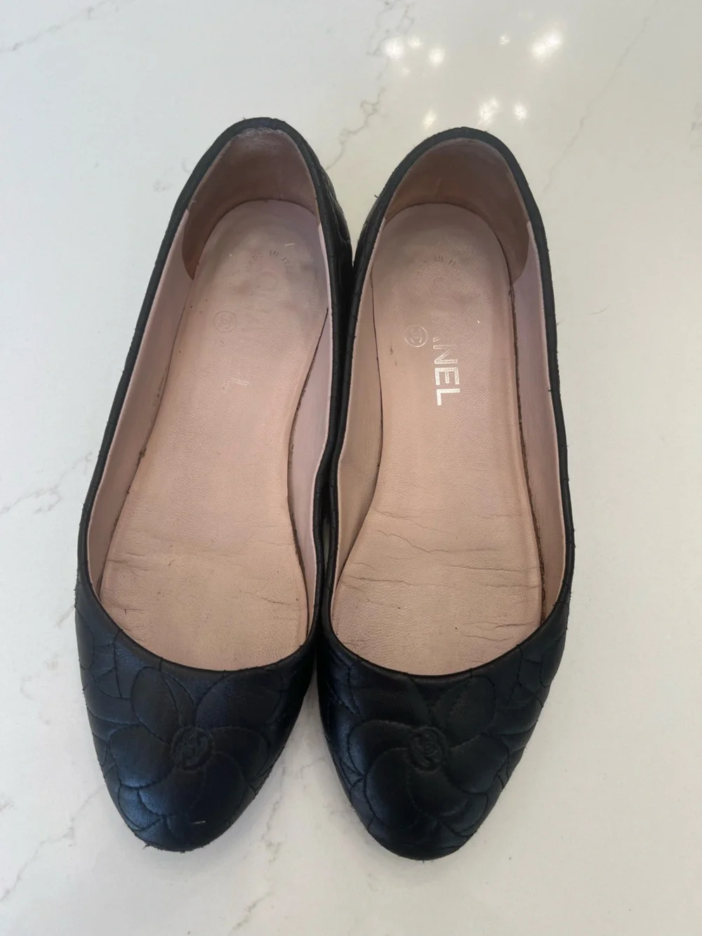 CHANEL Black Quilted Camellia Leather Ballet Flats